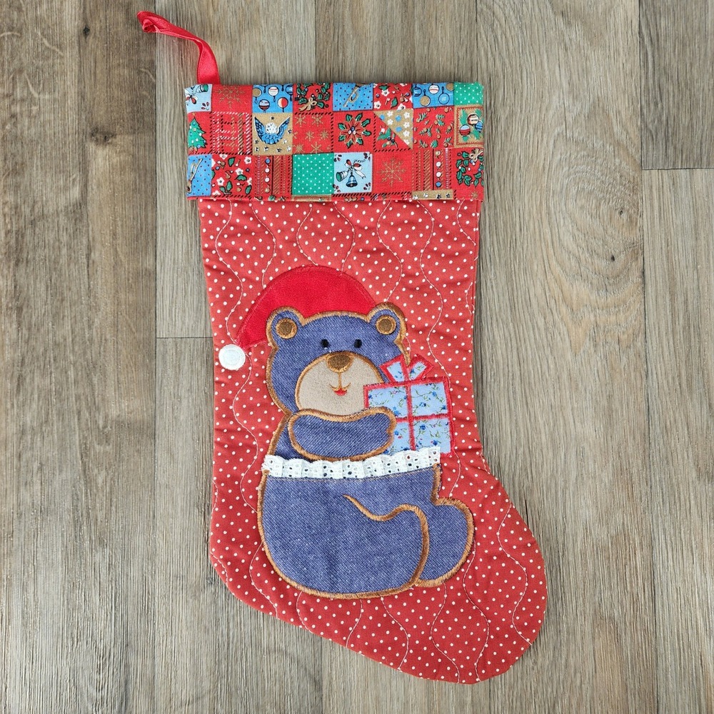 Vintage Quilted Christmas Stocking Red Polka Dot Denim Teddy Bear Patchwork Cuff